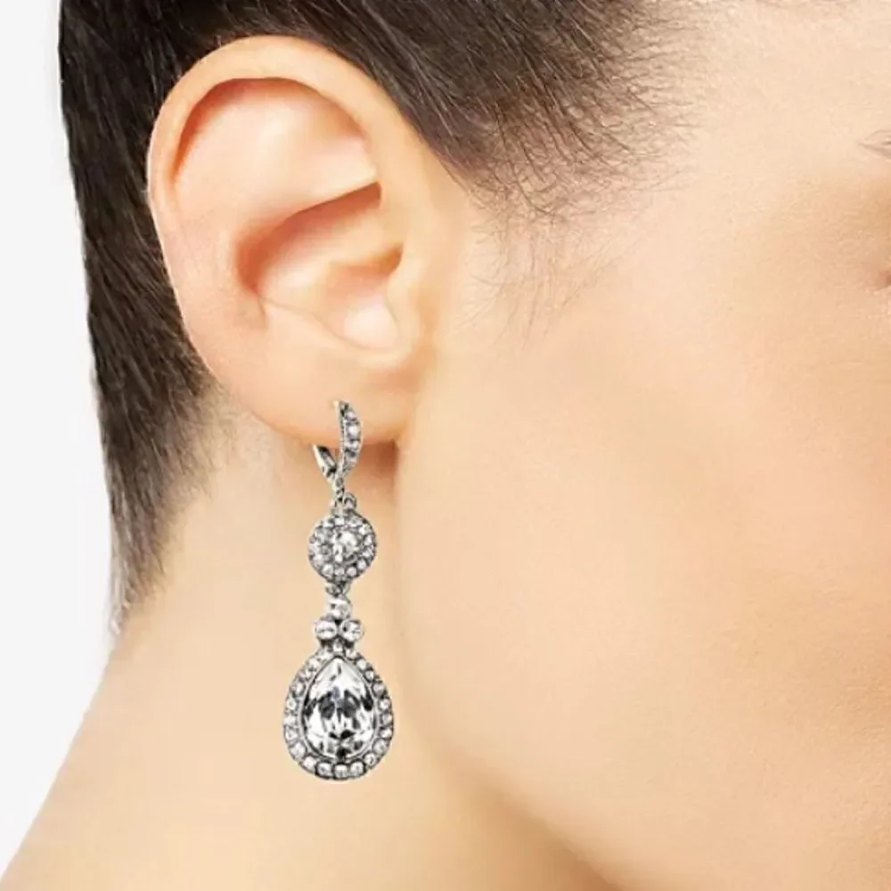 GIVENCHY PAVE SILVER TONE LINEAR TEARDROP EARRINGS